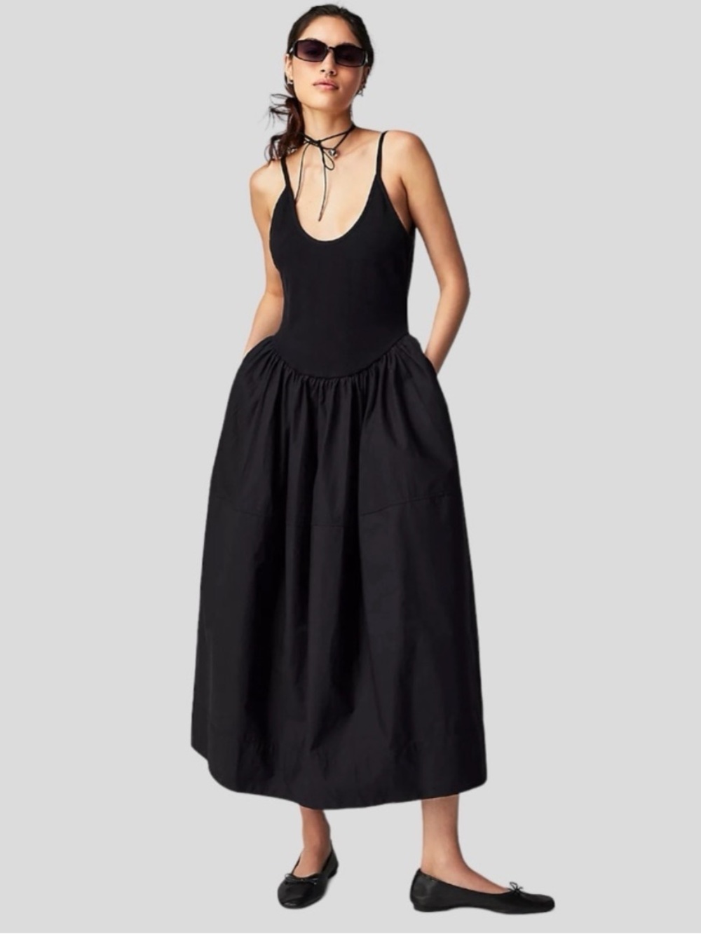 Free People Dylan Midi Dress Drop Basque Waist Black Maxi Medium $128